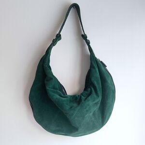 MR. suede hobo bag in emerald green with snakeskin textured leather strap